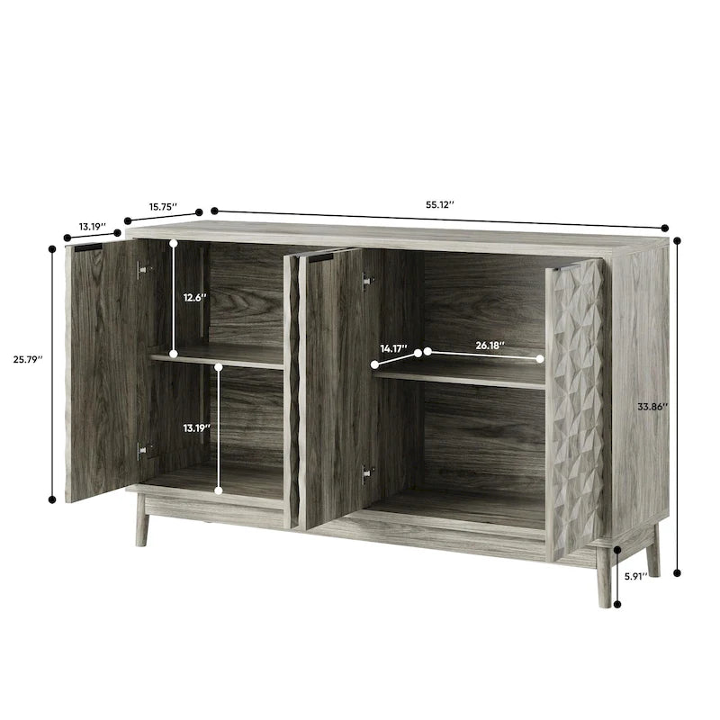 Credenza Moderna Grigia – 4 Ante con Rilievo a Rombo, 3 Ripiani Regolabili, 1 Utente