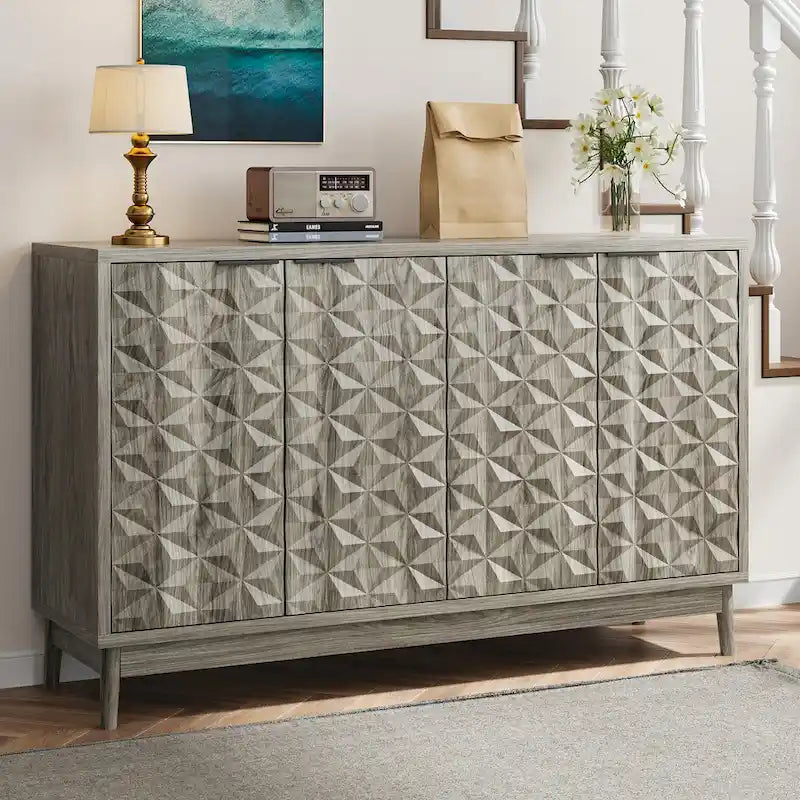 Credenza Moderna Grigia – 4 Ante con Rilievo a Rombo, 3 Ripiani Regolabili, 1 Utente
