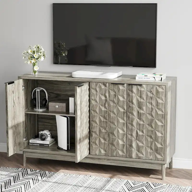 Credenza Moderna Grigia – 4 Ante con Rilievo a Rombo, 3 Ripiani Regolabili, 1 Utente