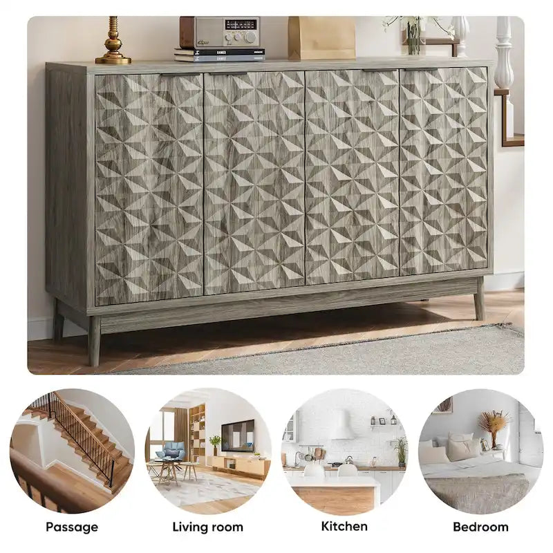 Credenza Moderna Grigia – 4 Ante con Rilievo a Rombo, 3 Ripiani Regolabili, 1 Utente