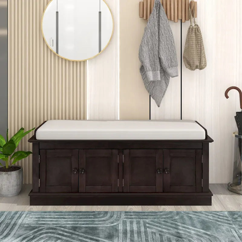 Panca contenitore a 4 ante con cuscino | Bianco / Blu marino anticato / Espresso / Grigio décapé | 1–2 posti a sedere