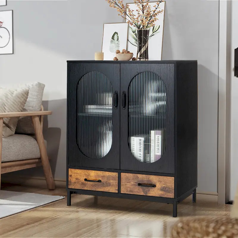 Credenza industriale nera e marrone rustico con 2 cassetti e ante in vetro – Montaggio in 1 persona