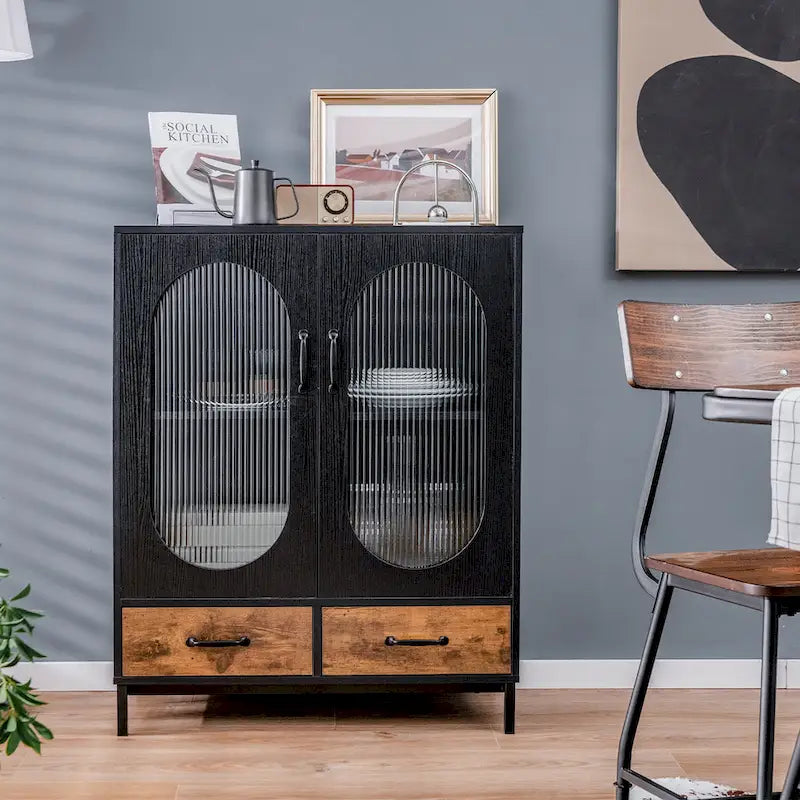 Credenza industriale nera e marrone rustico con 2 cassetti e ante in vetro – Montaggio in 1 persona