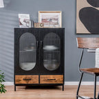 Credenza industriale nera e marrone rustico con 2 cassetti e ante in vetro – Montaggio in 1 persona
