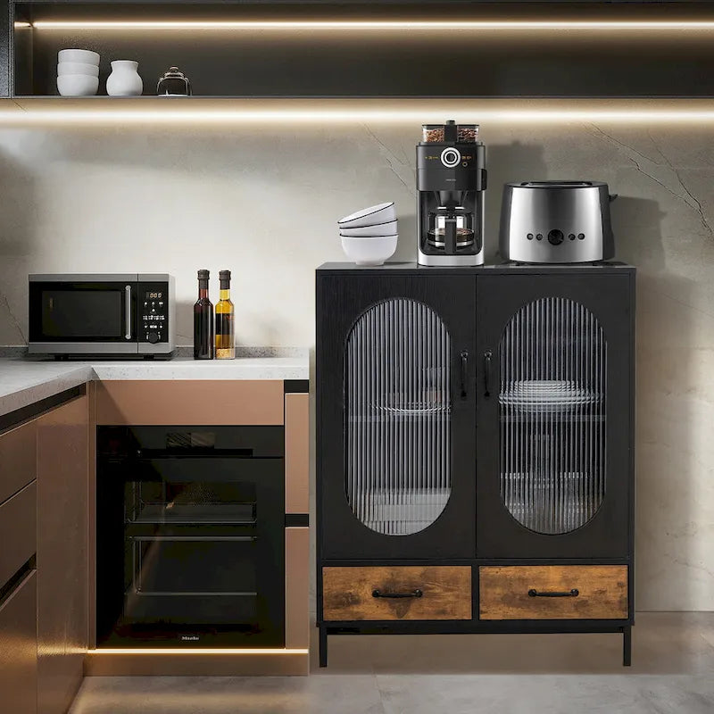 Credenza industriale nera e marrone rustico con 2 cassetti e ante in vetro – Montaggio in 1 persona