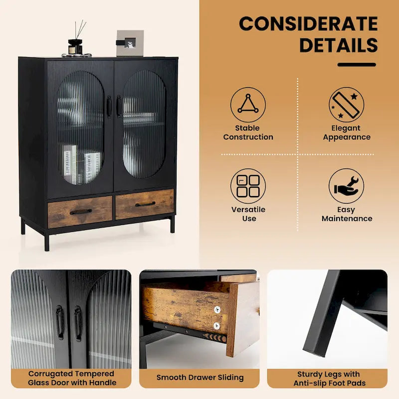 Credenza industriale nera e marrone rustico con 2 cassetti e ante in vetro – Montaggio in 1 persona