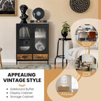 Credenza industriale nera e marrone rustico con 2 cassetti e ante in vetro – Montaggio in 1 persona