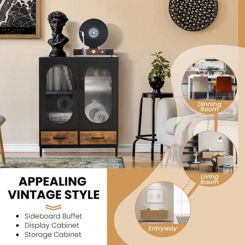 Credenza industriale nera e marrone rustico con 2 cassetti e ante in vetro – Montaggio in 1 persona