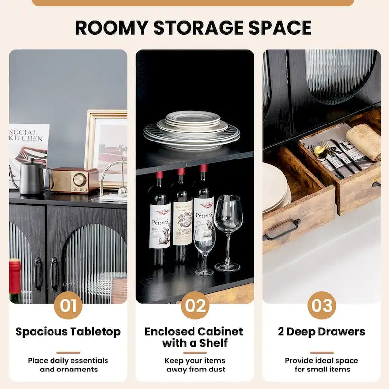 Credenza industriale nera e marrone rustico con 2 cassetti e ante in vetro – Montaggio in 1 persona