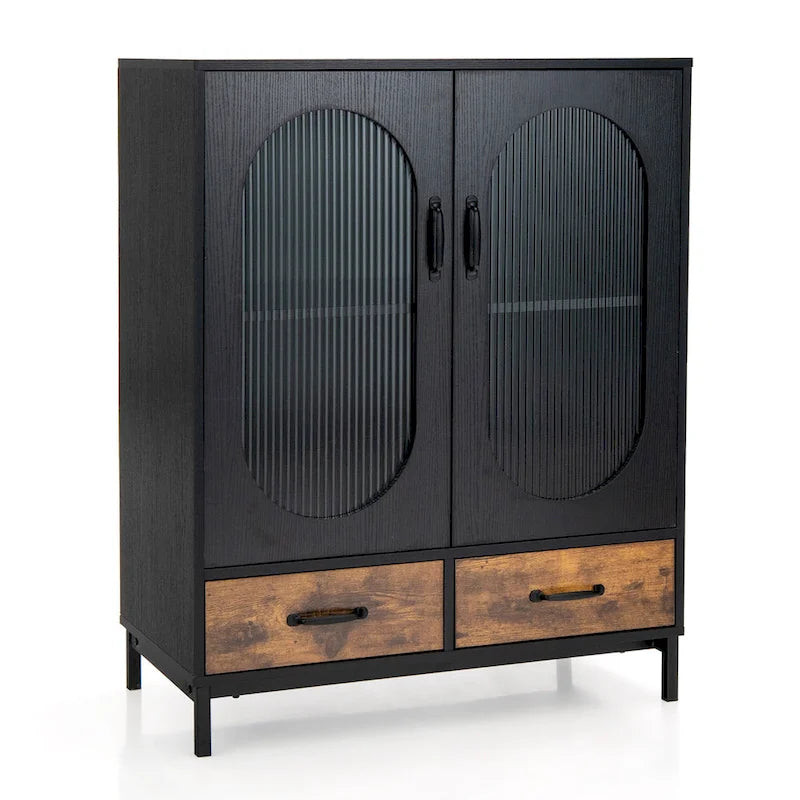 Credenza industriale nera e marrone rustico con 2 cassetti e ante in vetro – Montaggio in 1 persona