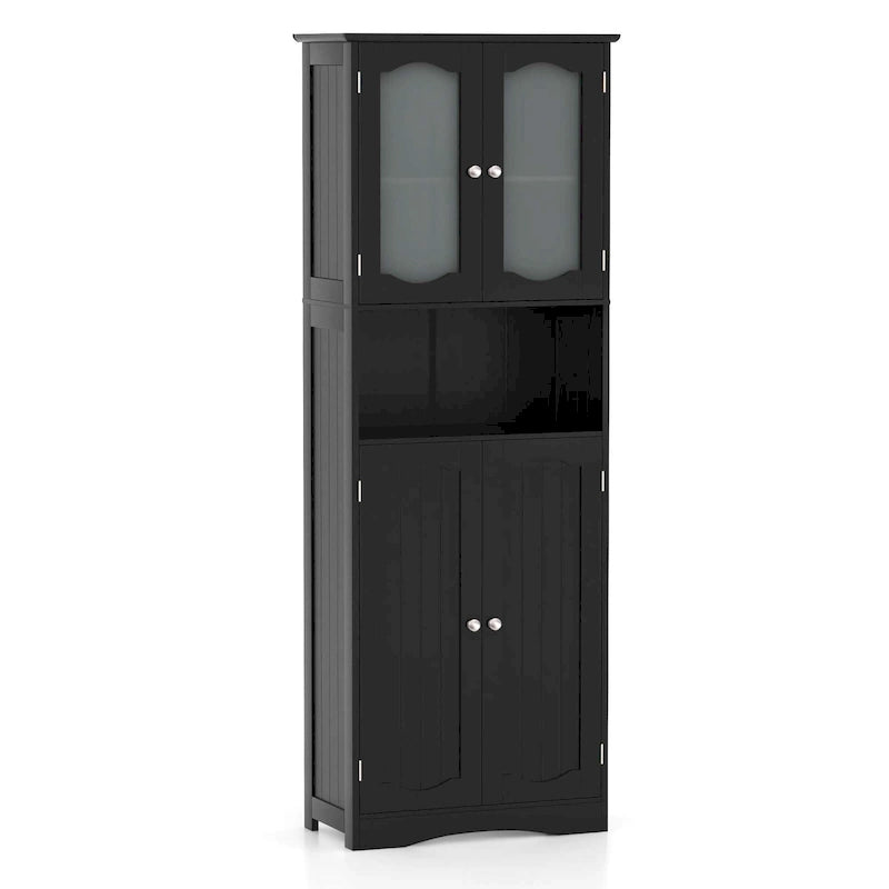 Mobiletto alto da bagno bianco e nero con ante in vetro satinato, autoportante