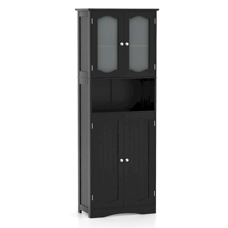 Mobiletto alto da bagno bianco e nero con ante in vetro satinato, autoportante