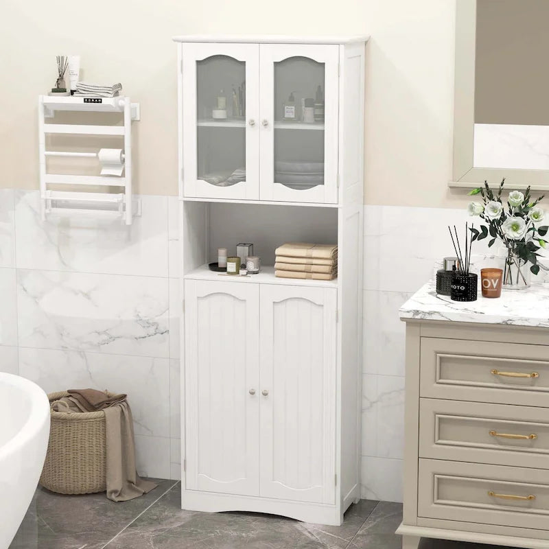 Mobiletto alto da bagno bianco e nero con ante in vetro satinato, autoportante