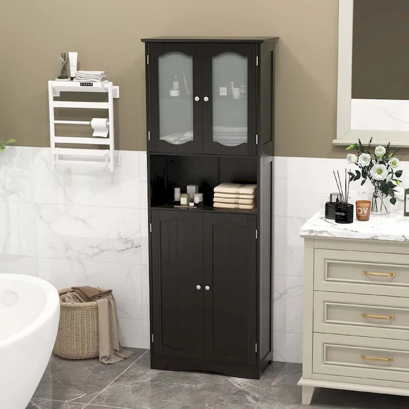Mobiletto alto da bagno bianco e nero con ante in vetro satinato, autoportante