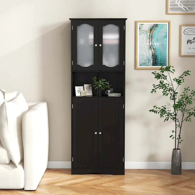 Mobiletto alto da bagno bianco e nero con ante in vetro satinato, autoportante
