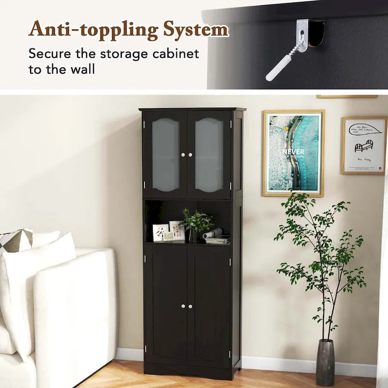 Mobiletto alto da bagno bianco e nero con ante in vetro satinato, autoportante
