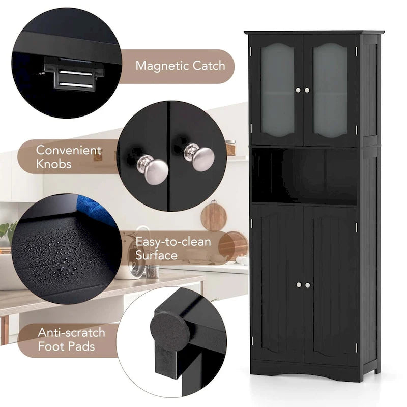 Mobiletto alto da bagno bianco e nero con ante in vetro satinato, autoportante
