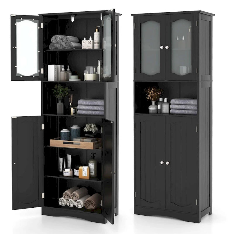 Mobiletto alto da bagno bianco e nero con ante in vetro satinato, autoportante
