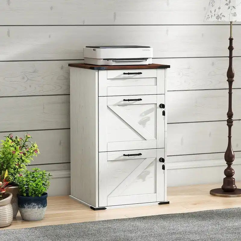 Armadio Classificatore a 3 Cassetti Stile Porta Scorrevole, Grigio/Bianco/Marrone, con Serratura, 1 Persona