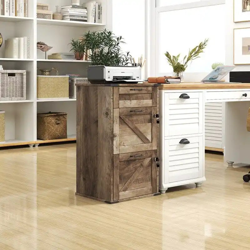 Armadio Classificatore a 3 Cassetti Stile Porta Scorrevole, Grigio/Bianco/Marrone, con Serratura, 1 Persona