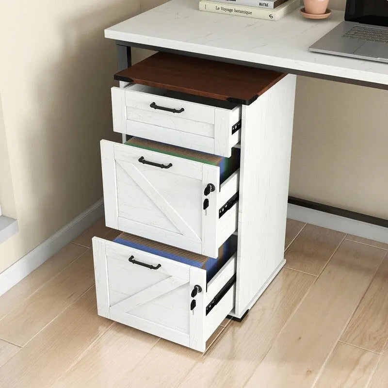 Armadio Classificatore a 3 Cassetti Stile Porta Scorrevole, Grigio/Bianco/Marrone, con Serratura, 1 Persona