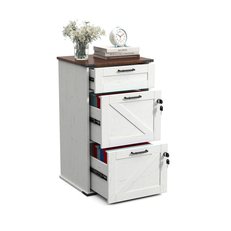 Armadio Classificatore a 3 Cassetti Stile Porta Scorrevole, Grigio/Bianco/Marrone, con Serratura, 1 Persona