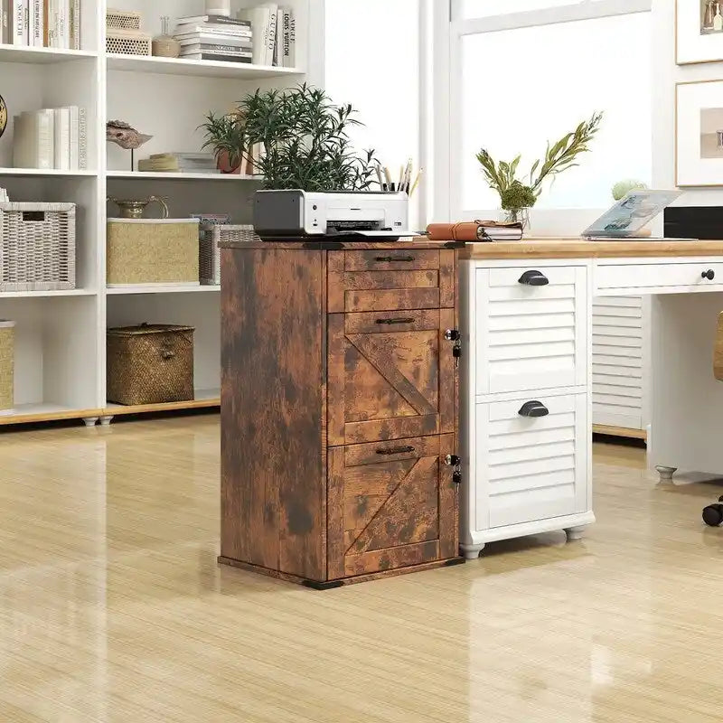 Armadio Classificatore a 3 Cassetti Stile Porta Scorrevole, Grigio/Bianco/Marrone, con Serratura, 1 Persona