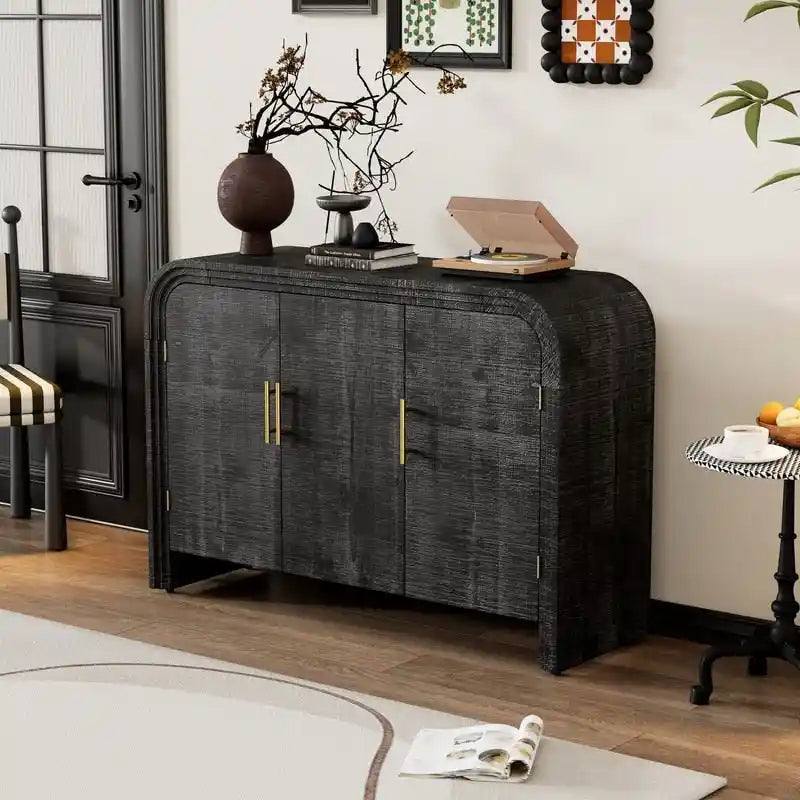 Credenza curva lavata nera anticata/legno naturale – 3 ante, 2 mobili, maniglie dorate, 1 utente