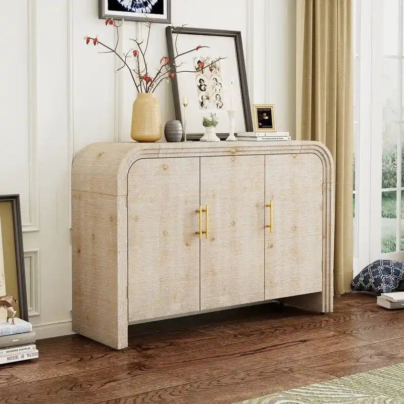 Credenza curva lavata nera anticata/legno naturale – 3 ante, 2 mobili, maniglie dorate, 1 utente