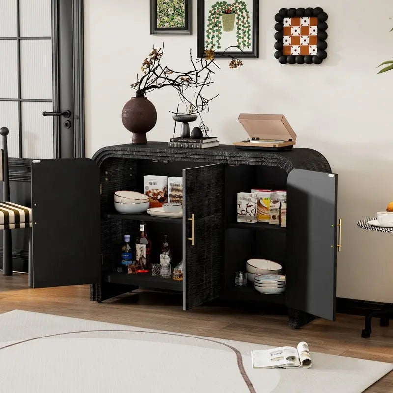 Credenza curva lavata nera anticata/legno naturale – 3 ante, 2 mobili, maniglie dorate, 1 utente