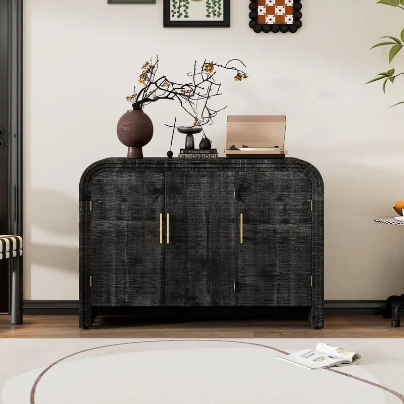 Credenza curva lavata nera anticata/legno naturale – 3 ante, 2 mobili, maniglie dorate, 1 utente