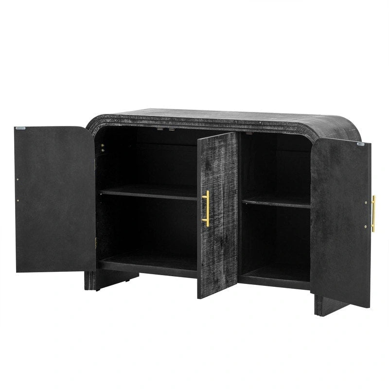 Credenza curva lavata nera anticata/legno naturale – 3 ante, 2 mobili, maniglie dorate, 1 utente