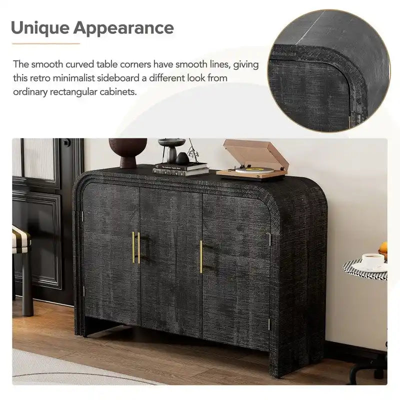 Credenza curva lavata nera anticata/legno naturale – 3 ante, 2 mobili, maniglie dorate, 1 utente
