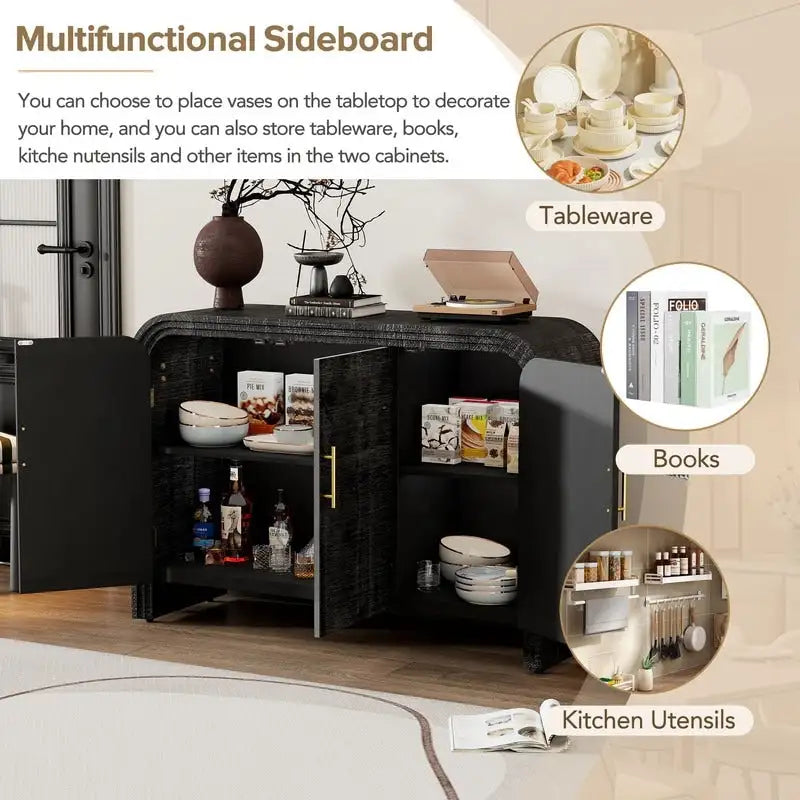 Credenza curva lavata nera anticata/legno naturale – 3 ante, 2 mobili, maniglie dorate, 1 utente