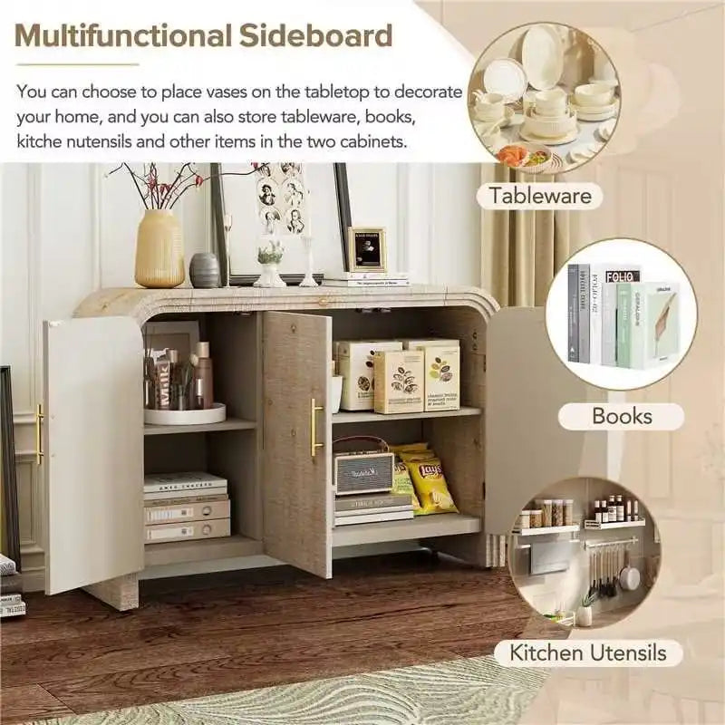Credenza curva lavata nera anticata/legno naturale – 3 ante, 2 mobili, maniglie dorate, 1 utente