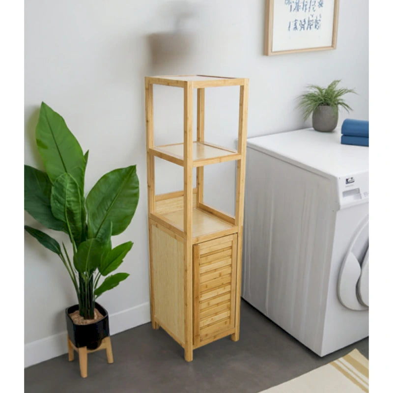 Torre portaoggetti autoportante in bambù naturale – 3 ripiani aperti + 1 armadietto, 1 utente