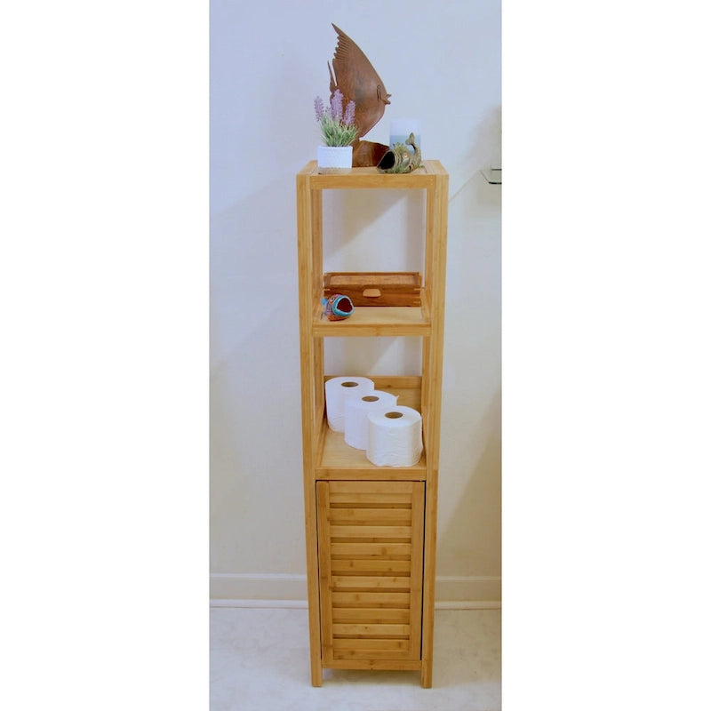 Torre portaoggetti autoportante in bambù naturale – 3 ripiani aperti + 1 armadietto, 1 utente