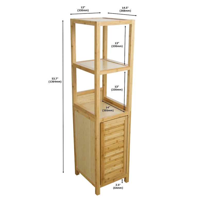Torre portaoggetti autoportante in bambù naturale – 3 ripiani aperti + 1 armadietto, 1 utente