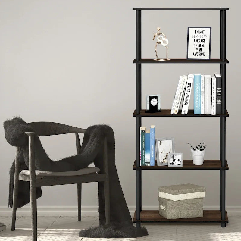 Libreria a 5 ripiani, vari colori, montaggio a 1 persona — Tubo di plastica e MDF