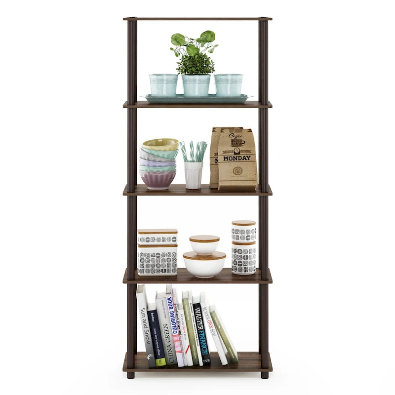 Libreria a 5 ripiani, vari colori, montaggio a 1 persona — Tubo di plastica e MDF
