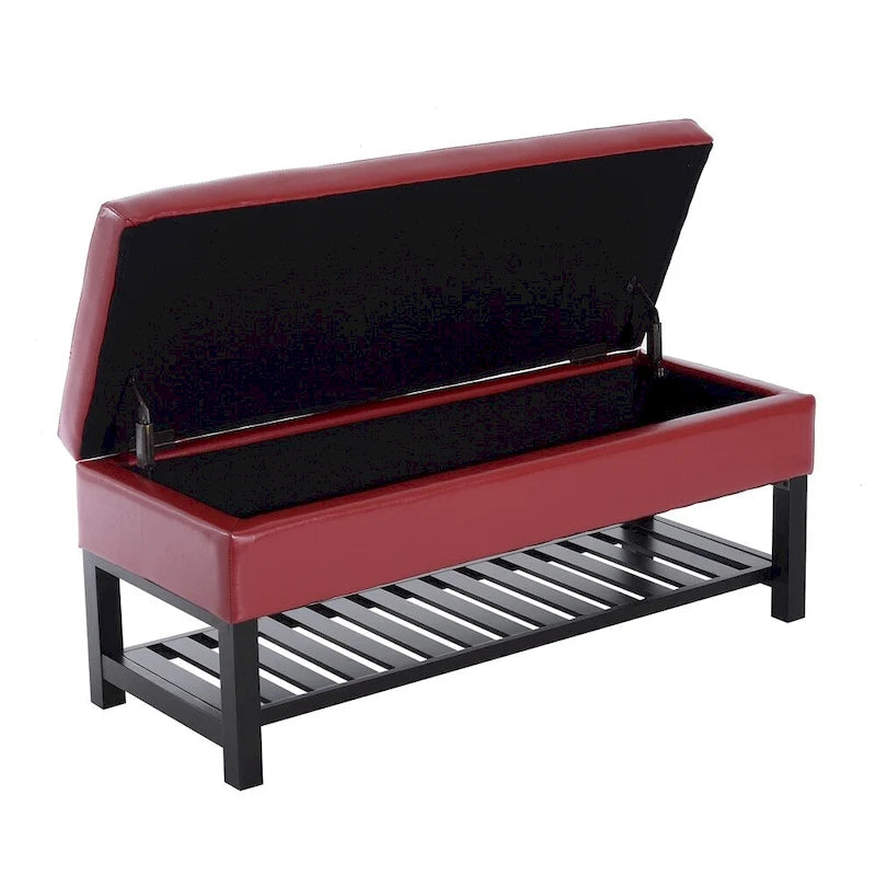 Panca portaoggetti pouf trapuntata in similpelle rossa con scarpiera – 2 posti