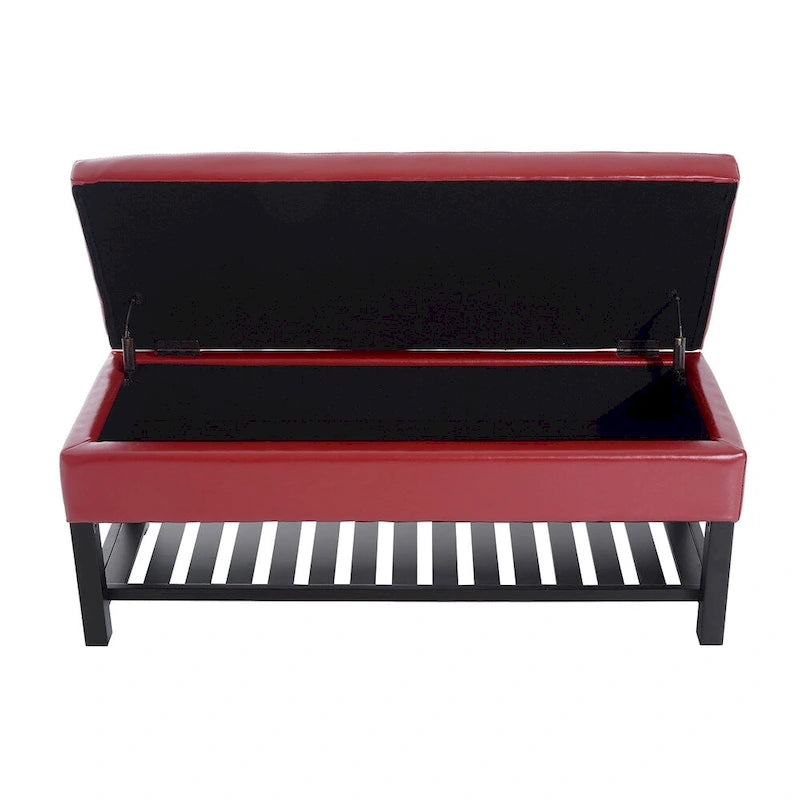Panca portaoggetti pouf trapuntata in similpelle rossa con scarpiera – 2 posti