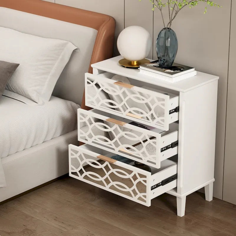 Comodino a specchio a 3 cassetti, Bianco e oro, Singolo