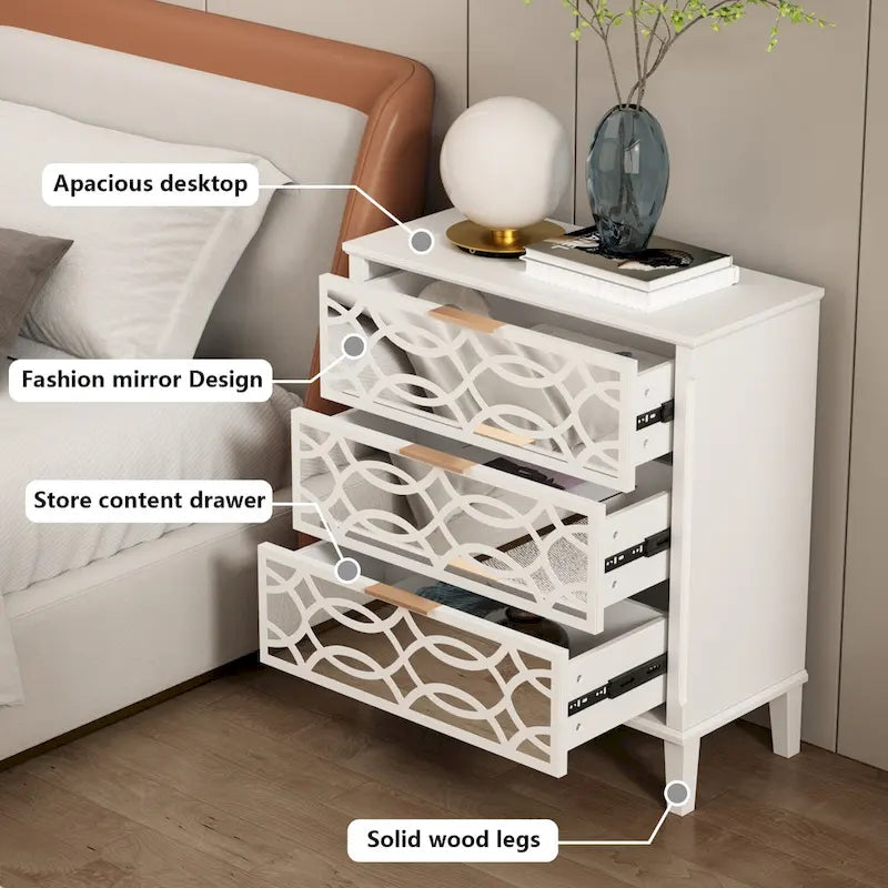 Comodino a specchio a 3 cassetti, Bianco e oro, Singolo