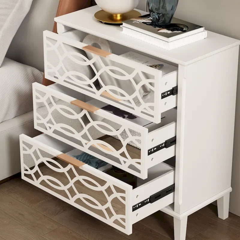 Comodino a specchio a 3 cassetti, Bianco e oro, Singolo