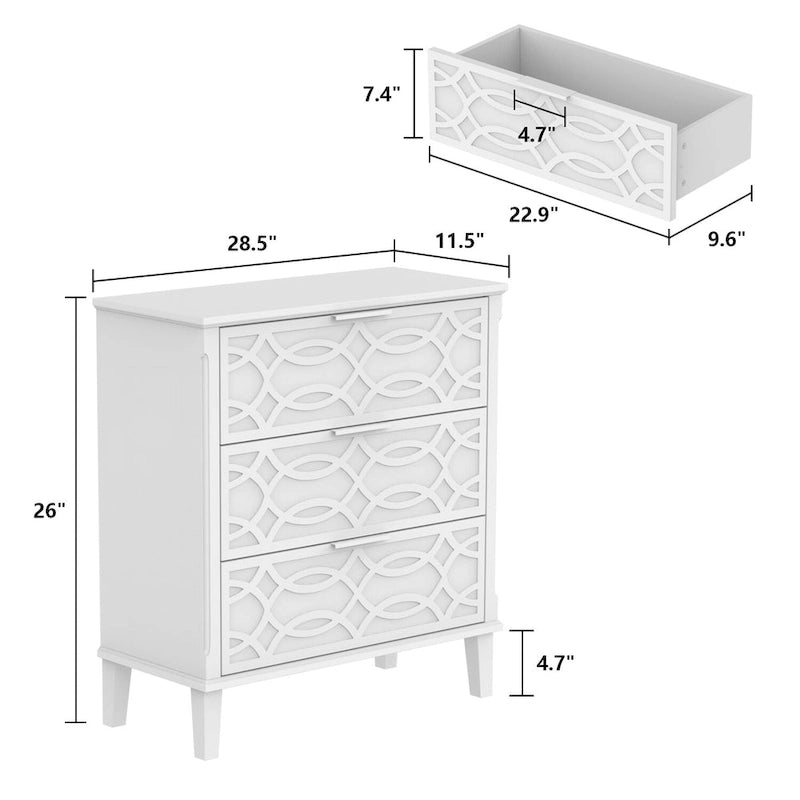 Comodino a specchio a 3 cassetti, Bianco e oro, Singolo