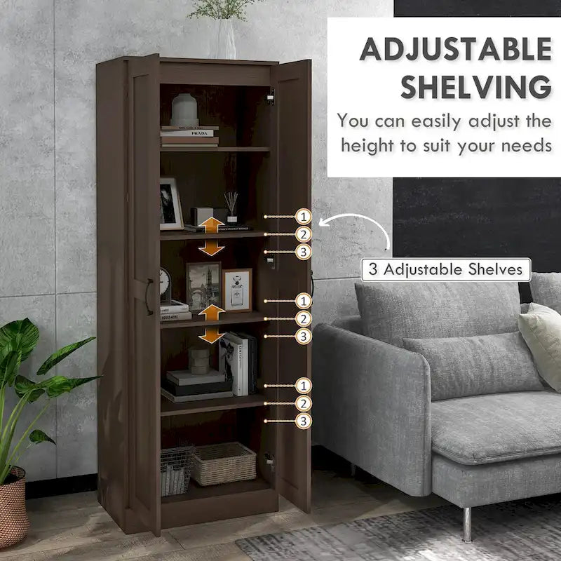 Armadietto da stoccaggio alto 175 cm, bianco/marrone, stile moderno, ante a chiusura ammortizzata, 3 ripiani regolabili, montaggio a 1 persona