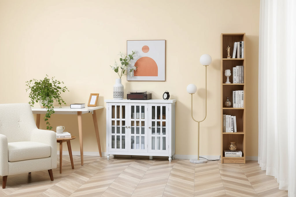 Armadietto da stoccaggio alto 175 cm, bianco/marrone, stile moderno, ante a chiusura ammortizzata, 3 ripiani regolabili, montaggio a 1 persona