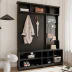 Appendiabiti da ingresso bianco e nero con panca portascarpe, appendiabiti e pannello forato