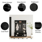 Appendiabiti da ingresso bianco e nero con panca portascarpe, appendiabiti e pannello forato